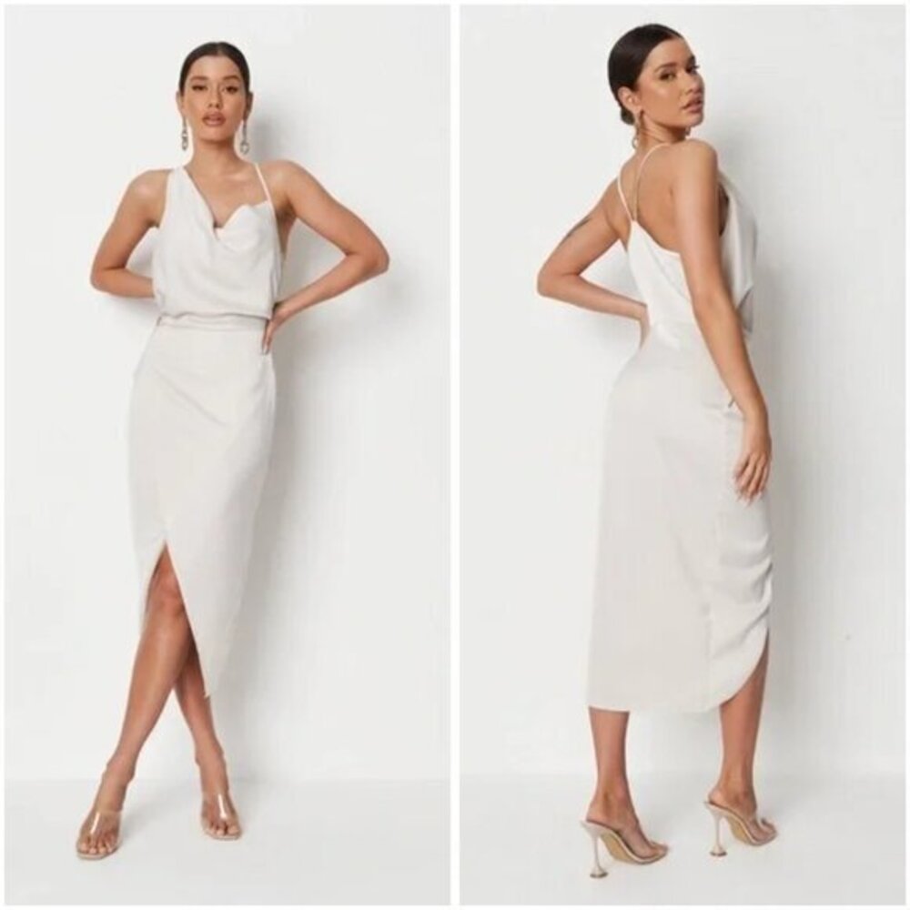 Missguided Asymmetric Drape Midi Satin Dress in Cream Size 6 NWT